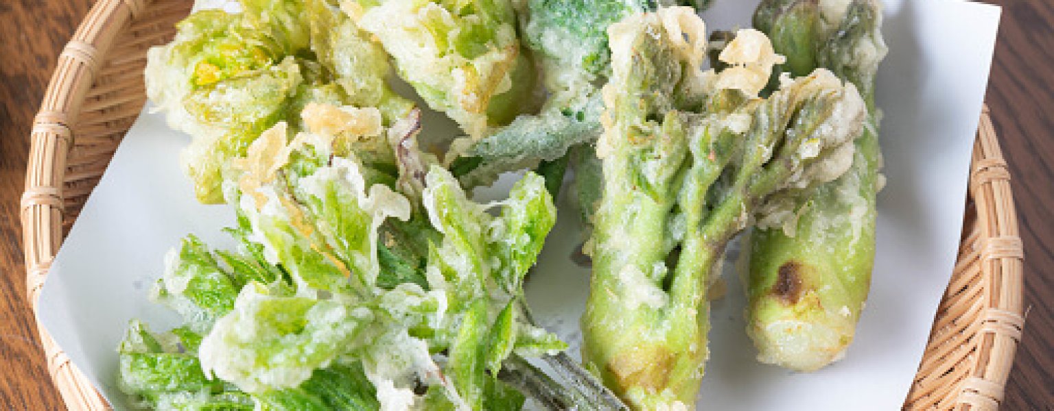 japanese traditional wild vegetable tempura with matcha salt